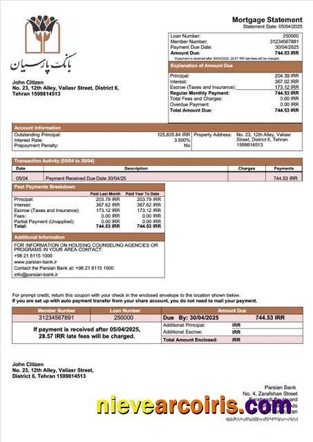 Iran Parsian Bank mortgage statement Word and PDF template
